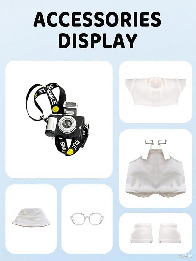 17cm Doll Clothes Set, Hat & Overalls & Shirt & Shoes & Glasses & Camera Set for 17cm Accessories Suit, Stylish Dolls Clothes Accessories, Cute Clothes for Dress up Unique Style (White)
