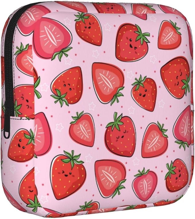 Kawaii Cute Pink Strawberry Strawberries Period Bag For Women,Portable Sanitary Napkin Period Pad Pouch For Purse, Small Make Up Bags