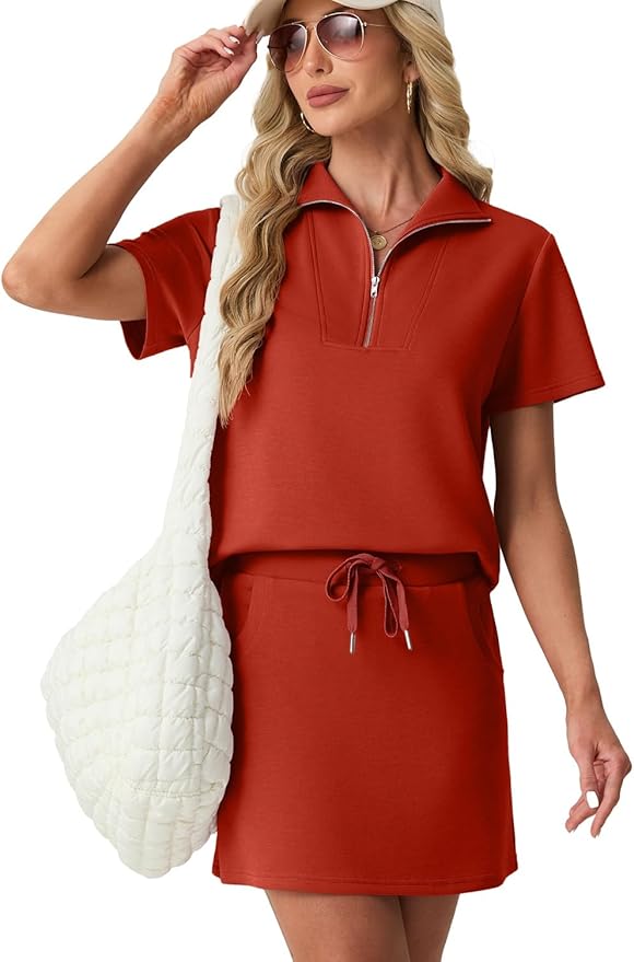 GRECERELLE Women's Summer 2 Piece Skort Set Half Zip Short Sleeve Top & Pocketed Tennis Skirt For Sports & Vacations.