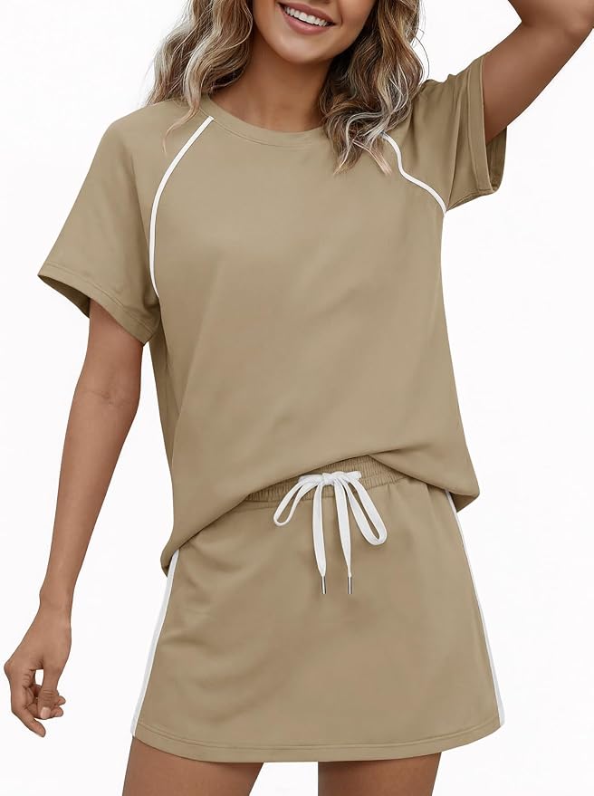 Womens 2 Piece Skirt Sets Summer Tennis Outfits Vacation Skort Set | Two Piece Sets, Short Set, Athletic Workout Golf Outfits, Crew Neck, Color Block, Drawstring, Workout Mathcing Lounge Sets