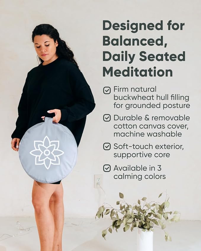Mindful & Modern Large Meditation Cushion for Zafu Yoga - Meditation Pillow for Sitting on the Floor - Buckwheat Hull Filled Yoga Cushion with Removable, Washable 100% Cotton Cover and Carry Handle