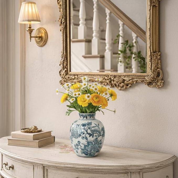SIDUCAL Ceramic Chinoiserie Floral Vase | 6.3 Inch Blue and White Vintage | Retro Ice Cracked Blue and White Porcelain Vase for Table, Living Room, Bathroom Decoration, Shelf Decor, Mantel