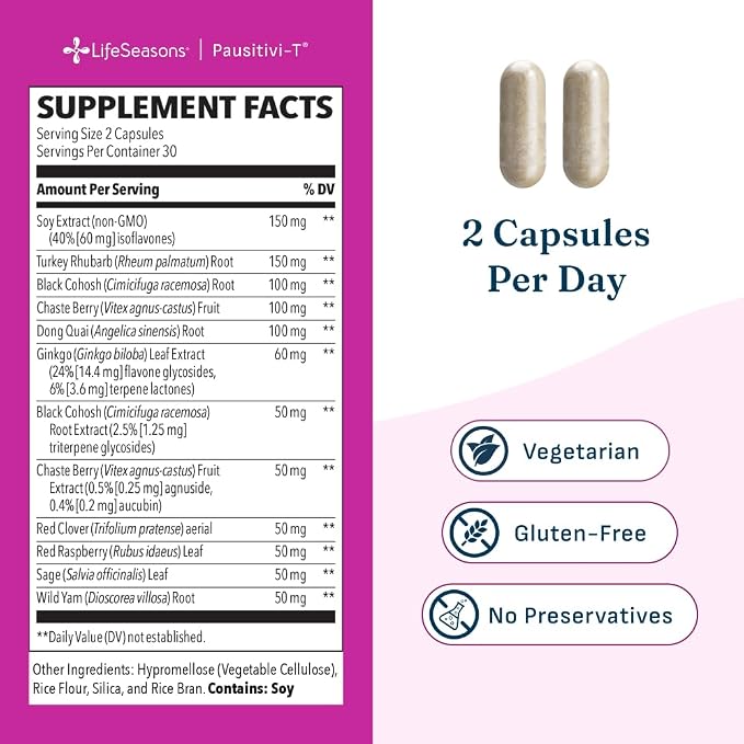 Pausitivi-T - Menopause Support Supplement - Powerful Relief for Hot Flashes, Hormone Imbalance & Night Sweats - Nourishes Tissue - Sage, Chasteberry, Soy Isoflavones & Black Cohosh - 60 Capsules