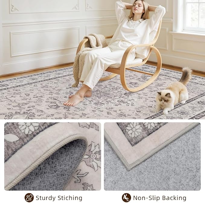 6x9 Area Rugs for Living Room: Vintage Boho Neutral Washable Rug Indoor Soft Large Area Rug Carpet for Bedroom Nursery Farmhouse Dining Room Office Floor Non-Slip Low Pile Under Table Beige & Grey