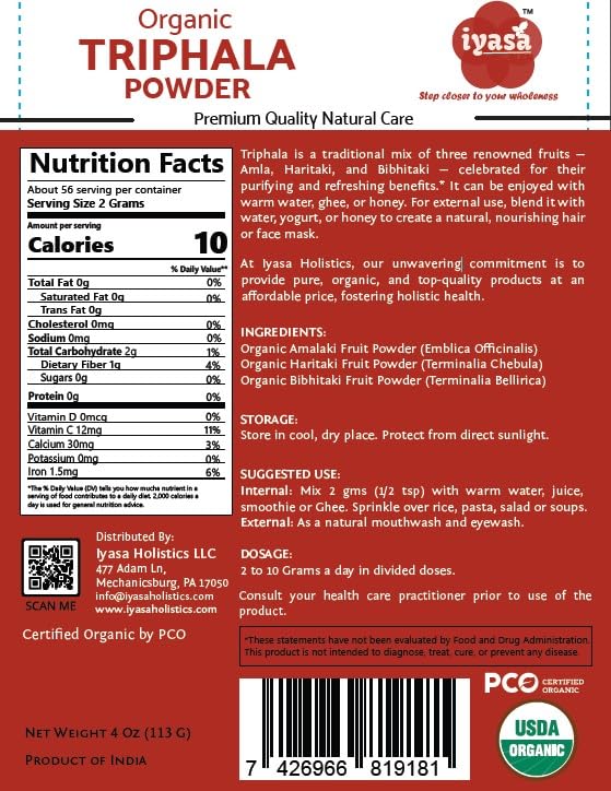 Iyasa Holistics Triphala Powder Organic 4 oz – USDA Certified Ayurveda Blend with Bibhitaki, Haritaki & Amla Powder – Supports Daily Rejuvenation & Digestive Balance – Pure Ayurveda Products