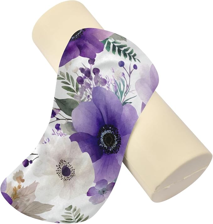 Purple White Lotus Flowers and Berries Neck Roll Pillow Bolster Round Health Memory Foam Long Cervical Cylinder Pillows with Removable Washable Cover for Body Bed Legs Back Yoga