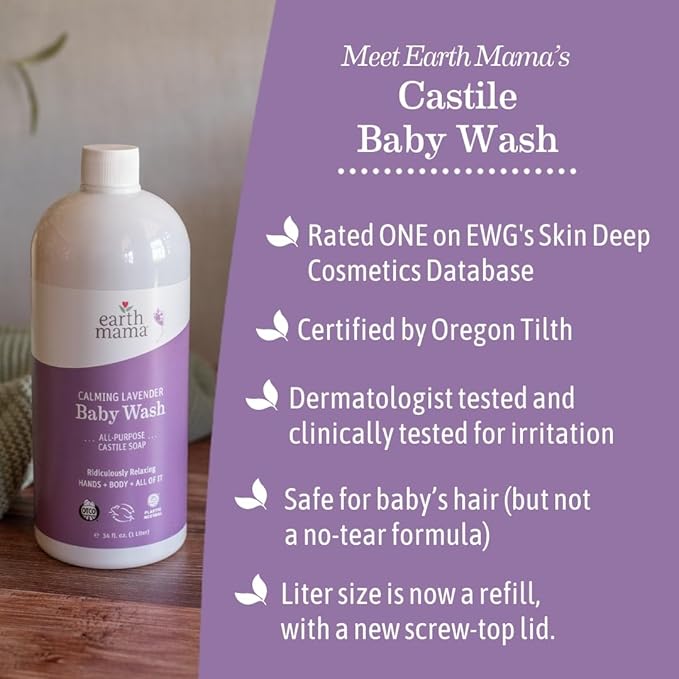 Earth Mama Calming Lavender Baby Wash Liquid Foaming Hand Soap Refill, All-Purpose Lavender Body Wash for Sensitive Skin, Castile Soap with Coconut Oil, Shea Butter, Calendula, & Aloe, 34 Fl Oz