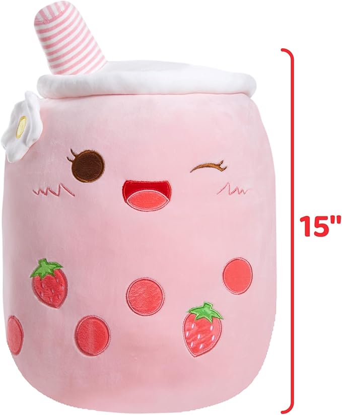 Athoinsu Light Up Strawberry Milky Tea Plush Pillow 15'' Kawaii Stuffed Bubble Animal Toy with LED Lights Birthday Christmas Holiday Valentines Gifts for Kids,Girls,Boys