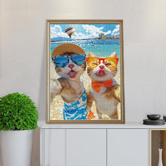 500 Pieces Jigsaw Puzzles for Adults and Teens and Kids Family Happy Games Big Size Cats' Selfie on Beach [Larger Size]