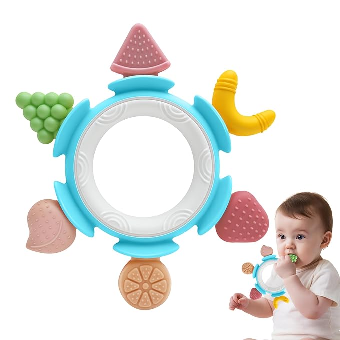 Baby Teething Ring Toy for 3-6-12 Months, Silicone Infant Teether for Sore Gum Relief, Soothing Sensory Chew Toy, Ideal Newborn Gift for Boys Girls Baby Shower, Birthday or Christmas, Blue
