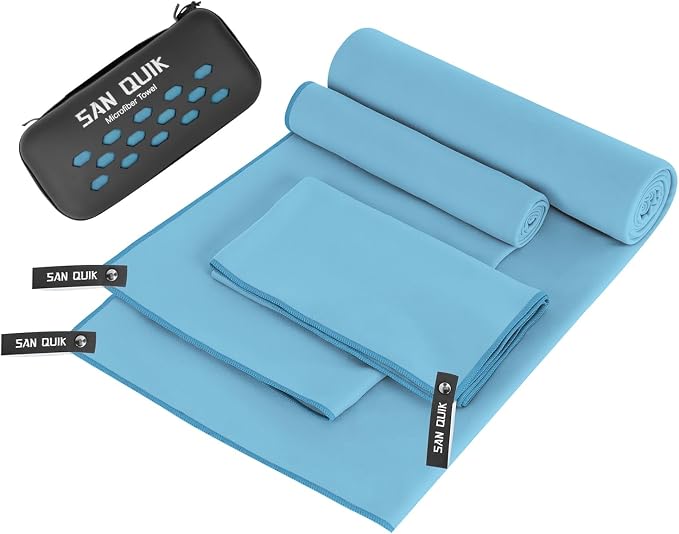 Quick Dry Camping Towel with EVA Case, Microfiber Travel Towel 3 Size at 1 Pack, Super Absorbent Lightweight Fast Drying Towel Set for Beach, Gym, Sports, Backpacking, Yoga & Swimming Pool, Baby Blue