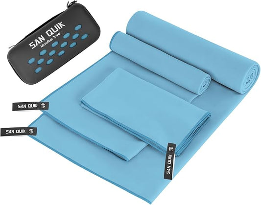 Quick Dry Camping Towel with EVA Case, Microfiber Travel Towel 3 Size at 1 Pack, Super Absorbent Lightweight Fast Drying Towel Set for Beach, Gym, Sports, Backpacking, Yoga & Swimming Pool, Baby Blue