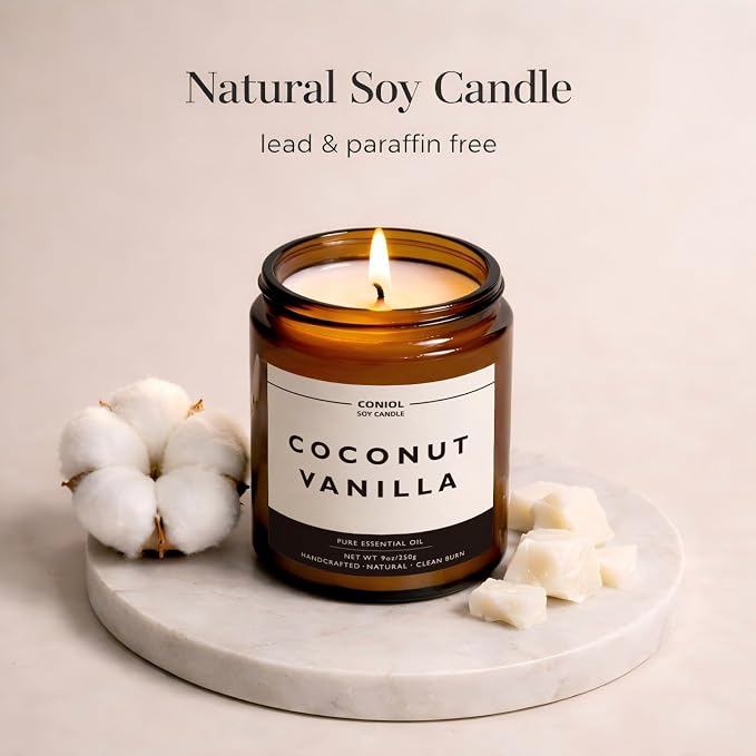 Coconut Vanilla Scented Candles for Home, Natural Soy Wax Candle with Essential Oils, 9oz Amber Jar Aromatherapy Candel, 50H Long & Non-toxic Burning, Hand Poured, Giftable, Relaxation,Birthday