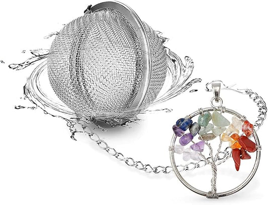Natural Healing Crystals Quartz Tree of Life Tea Infuser, Tea Steeper for Loose Tea, 7 Chakras Gemstone Pendant 18/8 Stainless Steel Mesh Tea Ball designed by NSTaygate