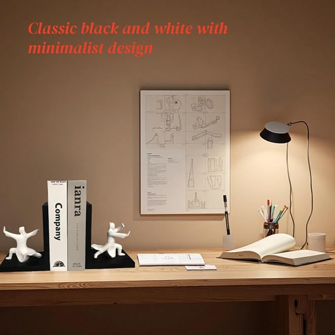Modern Tai Chi Yin Yang Decorative Bookends - Heavy Duty Resin Bookend Set with Sandstone Texture, Anti-Slip Felt Base, Black & White Minimalist Design for Living Room Office Decor (13x10x17cm)
