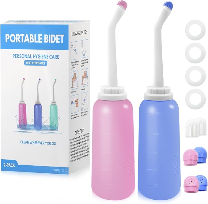 Peri Bottle Postpartum, RUFCRIL 2-Pack 500ml Portable Bidet, Upside Down Perineal Wash Bottle, Boilable TPE, Travel Bag, for Perineal Care, Hemorrhoid Care, Feminine Cleansing & Baby (Pink/Blue)