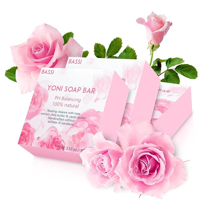 Yoni Soap Bars Feminine Wash 3 PCS, 100% Natural Organic Bar Soap for Women pH Balance, V Cleansing Soap for Daily Freshness & Odor Control, Handmade Rose Soap with Foaming Net 3.53 oz