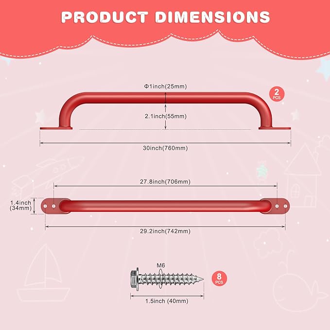 Dolibest 30 Inch Metal Safety Handles, Playground Ladder Handle, Long Grab Handles for Kids Playhouse, Treehouse, Rock Climbing Wall, Swing Set Accessories, Indoor & Outdoor Use (2PCS)-Red
