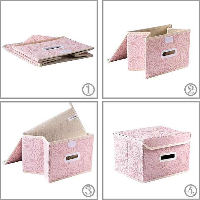 Foldable Storage Boxes with Lids [5-Pack] Fabric Decorative Storage Bins Cubes Organizer Containers Baskets with Cover Handles Divider for Bedroom Closet Living Room Pink 9.8x7.9x6.7 Inch