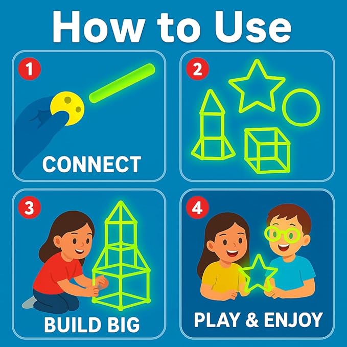 Batzo Glow-in-The-Dark Small Fort Building Kit (122 Pcs) – Sturdy Rods & Connectors Construction Set | Creative and Learning STEM Toy, Easy to Build Indoor Playhouse for Kids Ages 4+