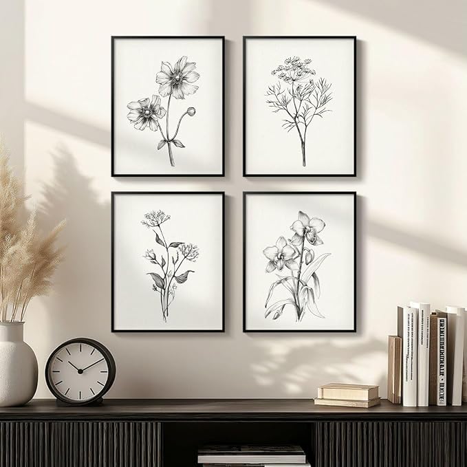 Framed Black and White Minimalist Floral Bathroom Wall Art, 4 Piece 8x10 In | Modern farmhouse wall decor, Flower botanical pictures, Waterproof canvas prints, Living room kitchen hallway bedroom decor
