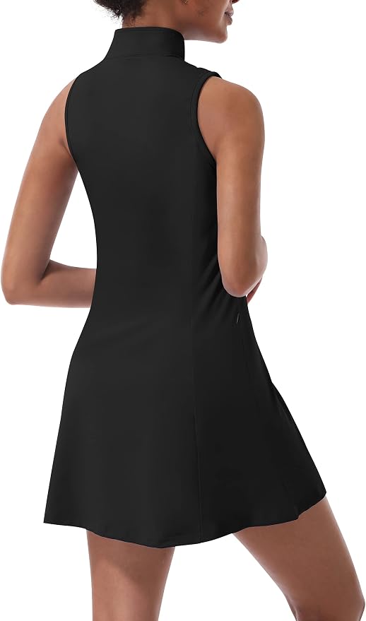 Tennis Dress for Women, Golf Dress with Shorts and Pockets Athletic Dress | Sleeveless Collared Half-Zipper Workout Sport Dress, Stretch Moisture Wicking Fabric, Tennis Golf Outfits