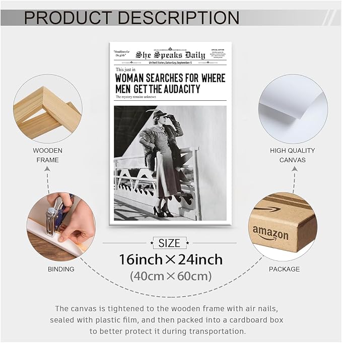 Black and White Newspapers Poster Women Searches For Where Men Get the Audacity Wall Art 16X24 inch Framed Trendy Feminist Canvas Prints for Home Bar Wall Decor