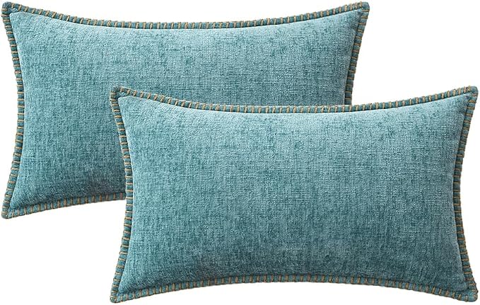 MIULEE Decorative Lumbar Throw Pillow Covers 12x20 Inch Aqua Blue 2 Pack | Farmhouse Pillow Covers with Stitched Edge, Soft Chenille Cushion Cases, for Couch Sofa Bed Living Room Home Decor
