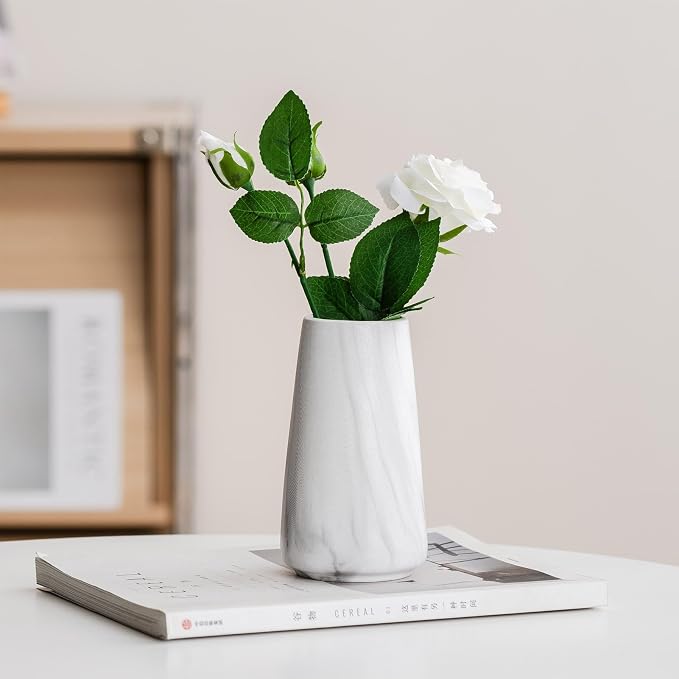 Simple Boho Ceramic Flower Vase for Home Decor (Marble White,Small) | 6'' Modern Farmhouse Vase for Flower Plant Pampas Grass, Fit for Table Shelf Centerpieces, Living Room Kitchen Wedding Gift