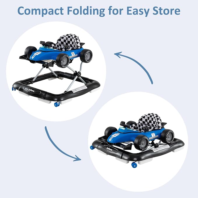 INFANS 4 in 1 Baby Walker, Foldable Toddler Activity Center with Adjustable Height, Padded Seat, Music, Light, Removable Tray, Push Walker for Girls Boys Aged 6-18 Months (Blue)