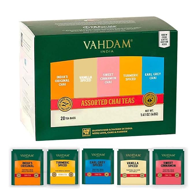 VAHDAM, Assorted Chai Tea Bags Sampler (5 Flavors, 20 Ecofriendly Pyramid Tea bags) I Gift Ideas for Women & Men | Masala Chai Tea Varieties from India | Gluten Free & Non GMO | Gifts for Him/Her