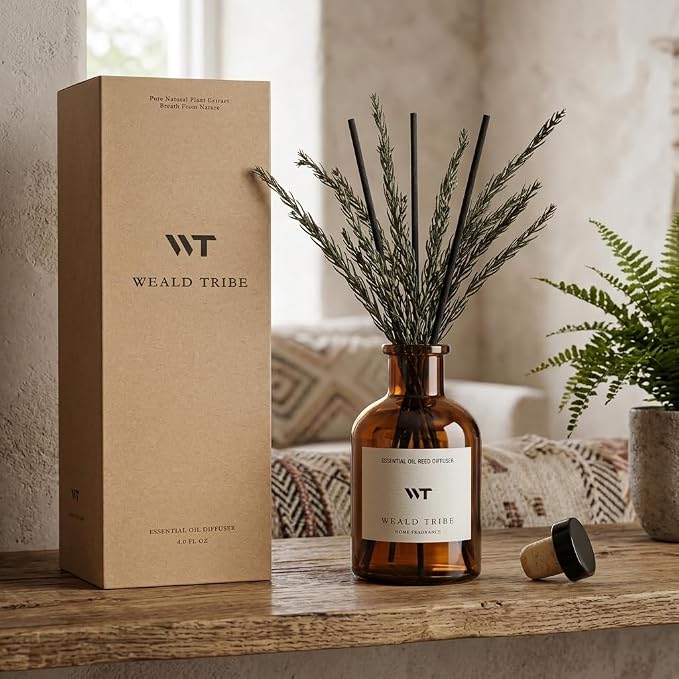 WEALD TRIBE Reed Diffuser Set for Bathroom Air Fresheners, Oil Diffuser Sticks | French Black Juniper & Cedar Scent 4.0 fl oz Home Fragrance with Sticks Defusers | House Bedroom Office Shelf Decor