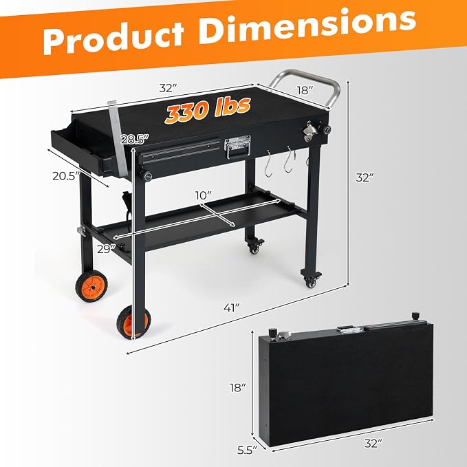Happygrill 32”W x 18”D Folding Grill Cart for 17” & 22” Griddles | Outdoor Portable BBQ Prep Table w/Heat-Resistant Mat, Lockable Wheels, Magnetic Knife Holder, Pizza Oven Stand for Camping