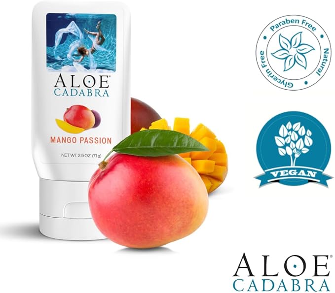 Aloe Cadabra Flavored Personal Lubricant & Vaginal Moisturizer, NSF Certified Organic Edible Lube for Men, Women & Couples, Non-Staining, pH Balanced, Toy Compatible (Mango Passion, 2.5oz, Pack of 5)