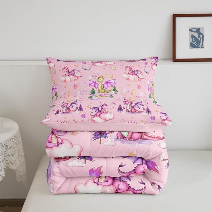 Feelyou Dragon Comforter Set Queen Size Kawaii Stuff Comforter for Boys Girls Teens Cute Bedding Set Dragon Decor Duvet Set Room Decor Pink Quilt Set