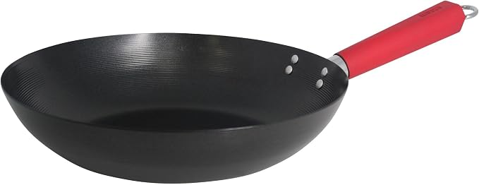 IMUSA USA Inch, Red PAN-10046 12" Nonstick Carbon Steel Wok, Handle | Hanging Ring, Ideal for Stir-Frying, Great for Cooking a Variety of Dishes