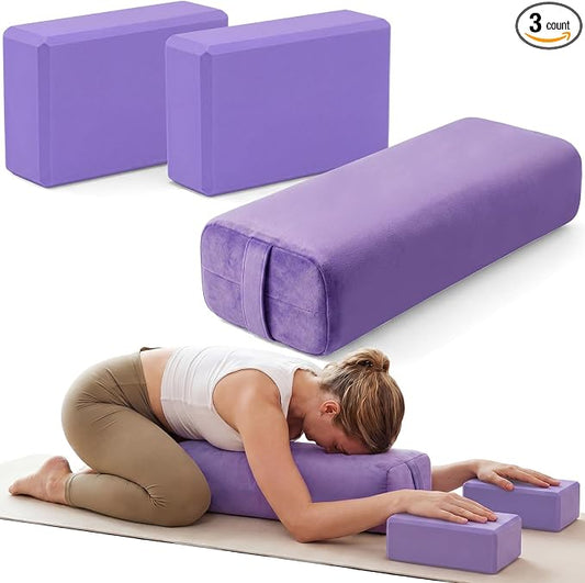 Chalyna 3 Pcs Yoga Bolster Pillow & Yoga Blocks Set Stretching and Back Support Lightweight Foam Blocks Portable Handle Soft Non-slip Surface Reusable for Pilates Meditation Balance Purple