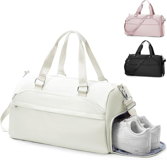 Gym Bag for Women Men with Shoe Compartment,Waterproof Sports Duffle Bag for Travel Weekender Overnight Carry on Bag Gym Tote Bags Workout Bag for Swimming Yoga Hospital Holdalls Beige