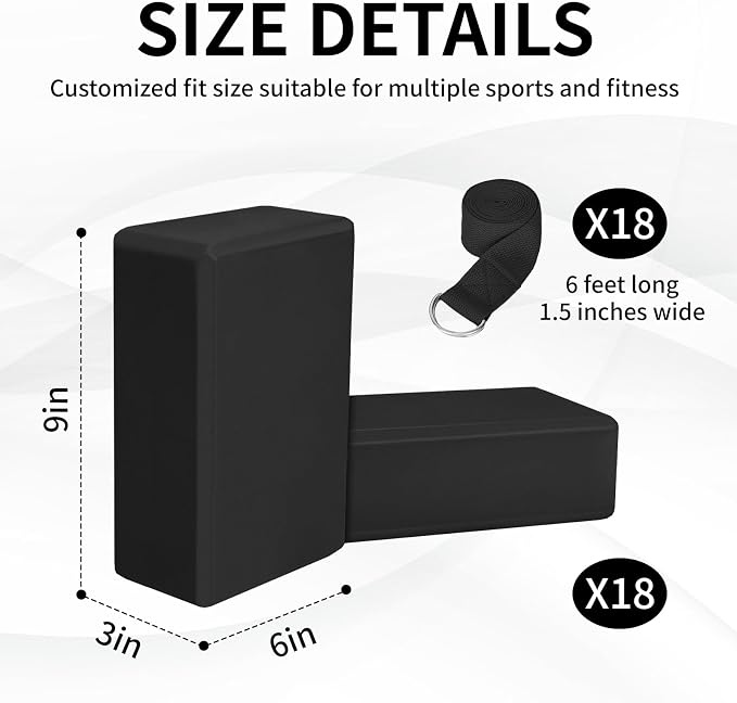 36 Pcs Yoga Blocks and Strap Set - 18 EVA Foam Yoga Blocks 9"x6"x3" with 18 Adjustable 6 ft Straps, Non Slip Props for Yoga Pilates Meditation Workout