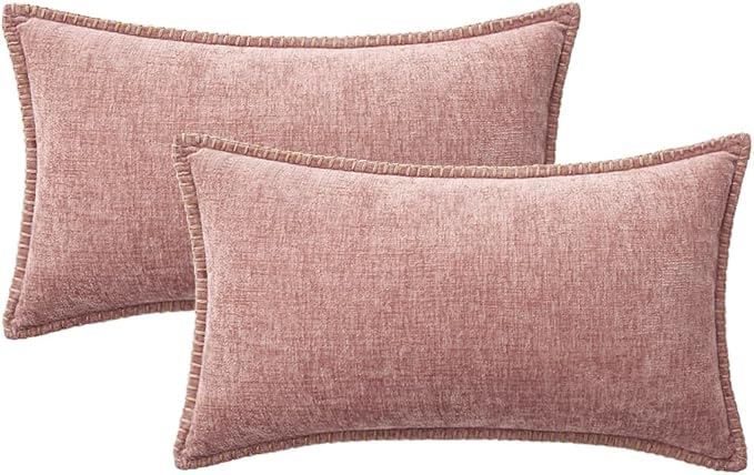 MIULEE Decorative Lumbar Throw Pillow Covers 12x20 Inch Blush Pink 2 Pack | Farmhouse Pillow Covers with Stitched Edge, Soft Chenille Cushion Cases, for Couch Sofa Bed Living Room Home Decor