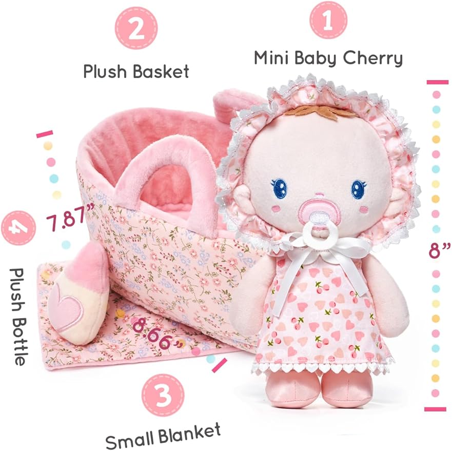 LeyaDoll Soft Baby Doll Gift Set - First Baby Doll Accessories Plush Rag Sleeping Cuddle Buddy Doll Toy Mini Pink Set for Kids Girls (9'') - Cherry Baby