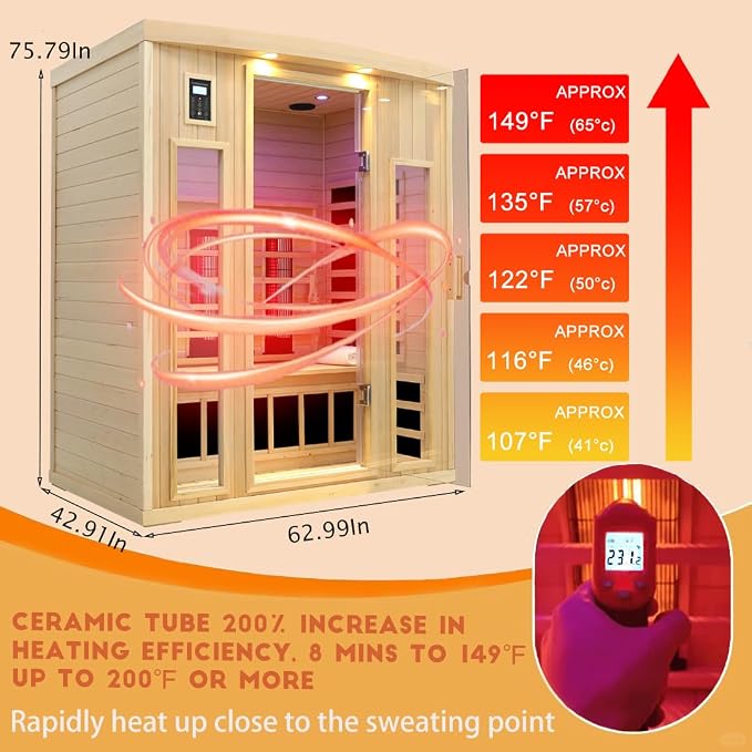 Ceramic Infrared Sauna 3 Person, Low EMF Infrared Saunas for Home, Hemlock Indoor Sauna Room, 2- in - 1 Heating Panels, Bluetooth Speakers, Chromotherapy Lights