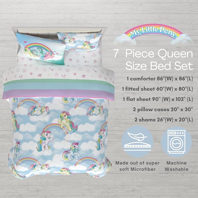 Franco Collectibles My Little Pony Classic Retro Rainbow Bedding 7 Piece Super Soft Comforter and Sheet Set with Sham, Queen, (100% Official Licensed Product)
