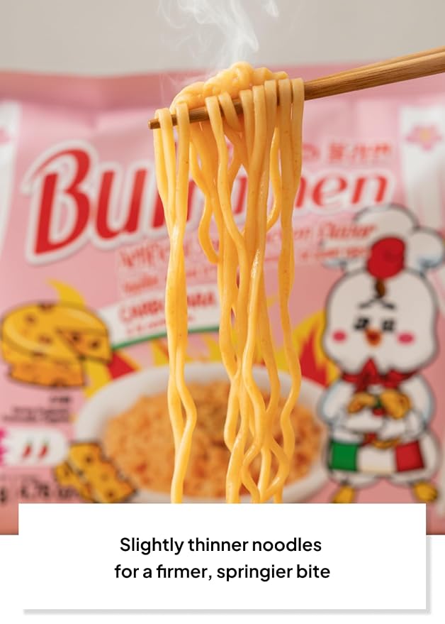 Korean Food Bulramen Stir-Fried Ramen Mild Spicy Instant Carbonara 5 Packs | Stir-fried carbonara-style instant noodles with mild spicy chicken-style flavor. Includes 5 convenient packs.