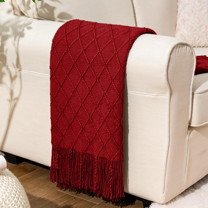 BATTILO HOME Red Throw Blanket Large Fringe Fall Throw Knitted Bed Throws for Couch Sofa Indoor Outdoor, Red, 52 x 80 in.