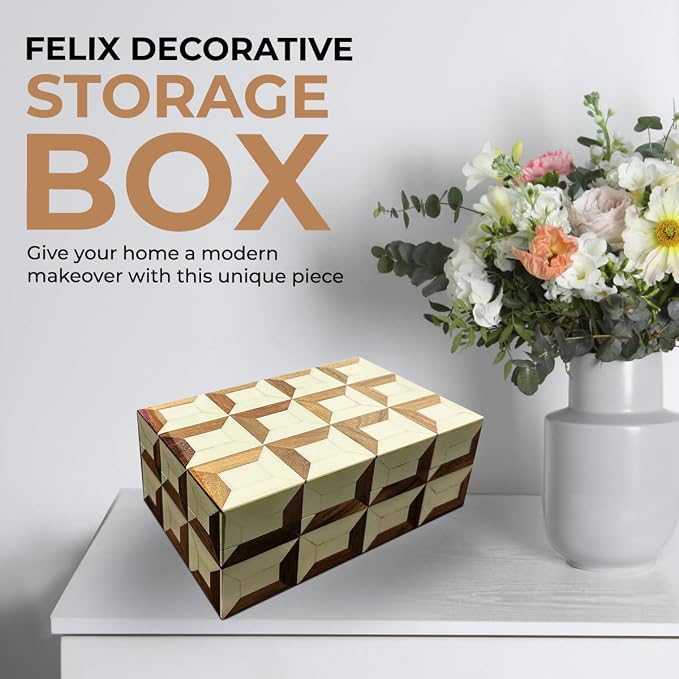 Perilla Home Home Decor Decorative Storage Wooden Box Small Organizer Stash Card Craft Treasure Tool Memory Trinket Keepsake Jewelry Box for Men and Women, Gifts For All, Brown and Off White (Felix)