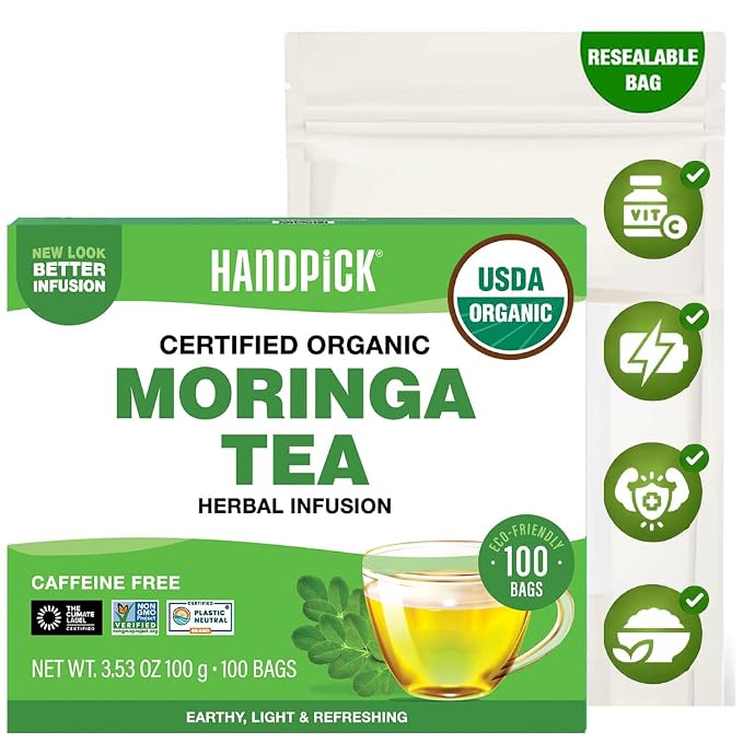 HANDPICK, Organic Moringa Tea Bags (100 Count), Pure Moringa Leaves | Authentic Indian Origin | Caffeine Free, Non GMO | Round Eco-conscious Teabags