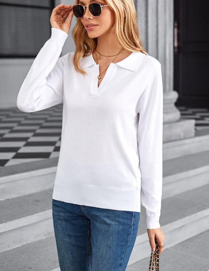 Women's Long Sleeve Classic V Neck Casual Fall Winter Polo Sweater Tops | Basic Collared Knitted Fashion Work Business Formal Daily Wear Versatile Pullover Shirts