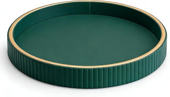 Leather Tray Desktop Storage Organizer, Round Valet Tray, Green | Premium Serving Trays Decorative Tray Desk Organizer for Sundries Cosmetics Phone Wallet Keys Cutlery, 10x10in