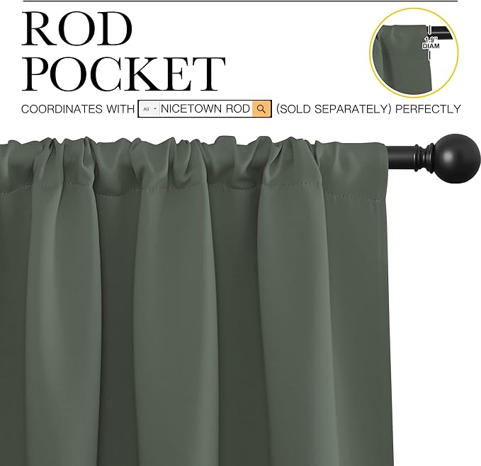 NICETOWN Blackout Curtains for Bedroom, Blackout Curtain Panels, Dark Mallard, 1 Pair, 70 by 63-inch, Window Treatment Energy Saving Thermal Insulated Solid Rod Pocket Blackout Drapes/Draperies